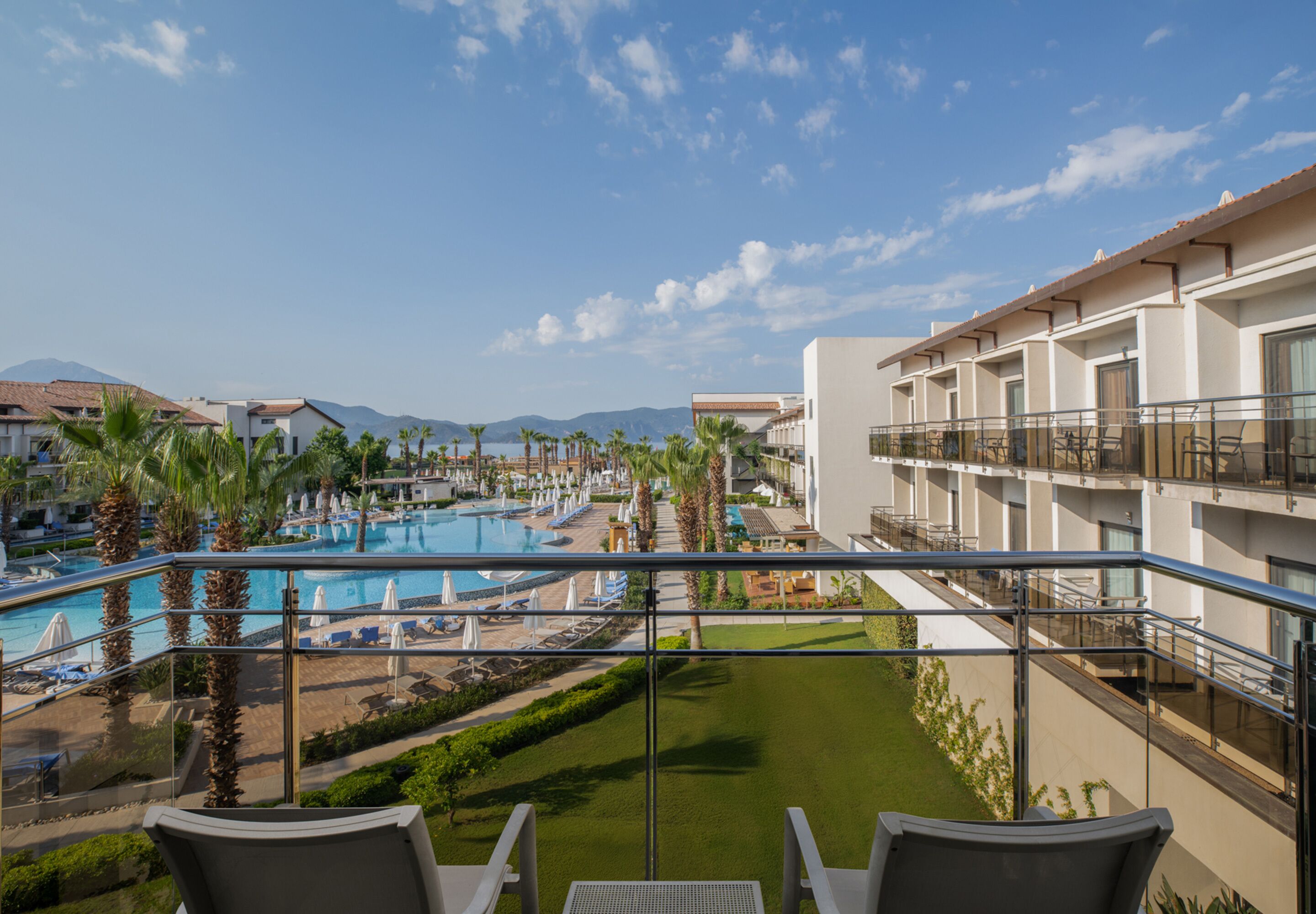 A hotel balcony with a view of a pool, palm trees, and mountains.