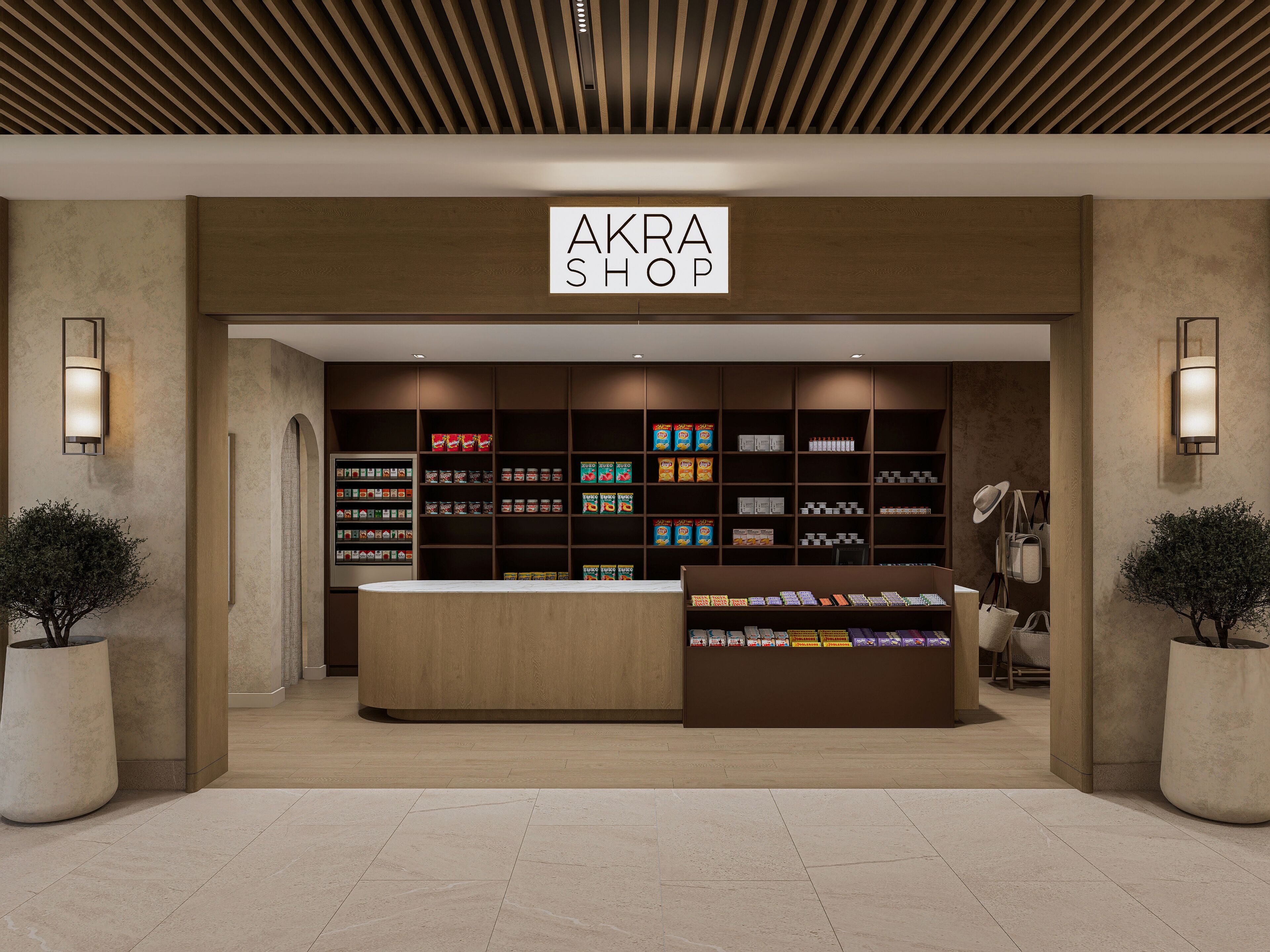 A modern store interior with a central counter, shelves stocked with products, and a sign reading 'AKRA SHOP'.
