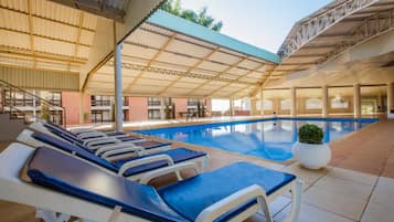 Indoor pool, outdoor pool, sun loungers