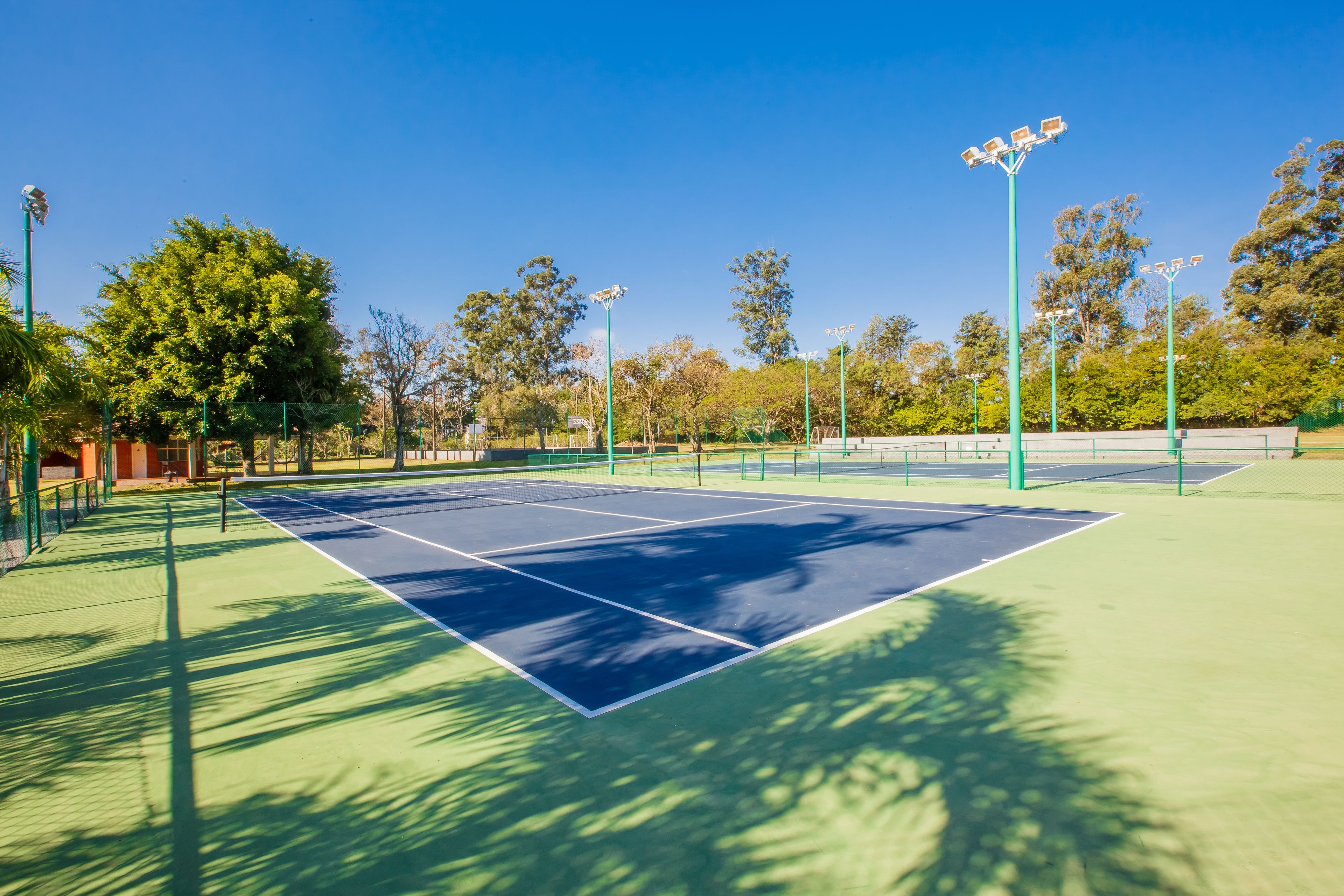 An outdoor tennis court with green and blue surfaces, surrounded by trees and equipped with floodlights.