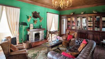 A cozy living room with a fireplace, leather furniture, and a bookshelf.