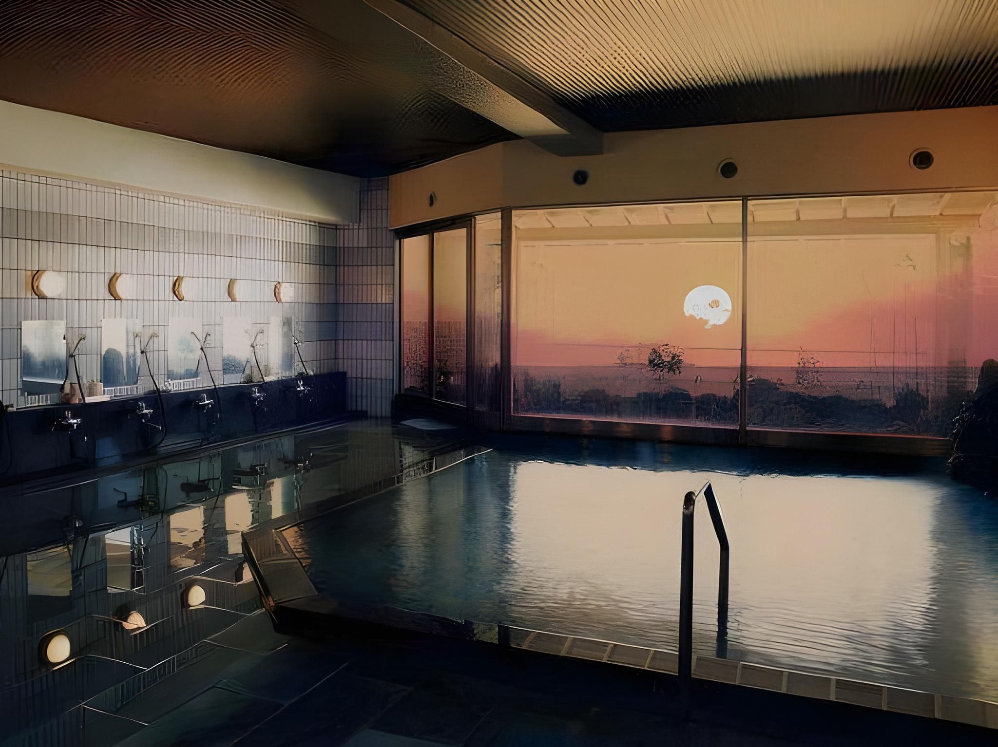 A modern indoor pool with a sunset view through large windows.