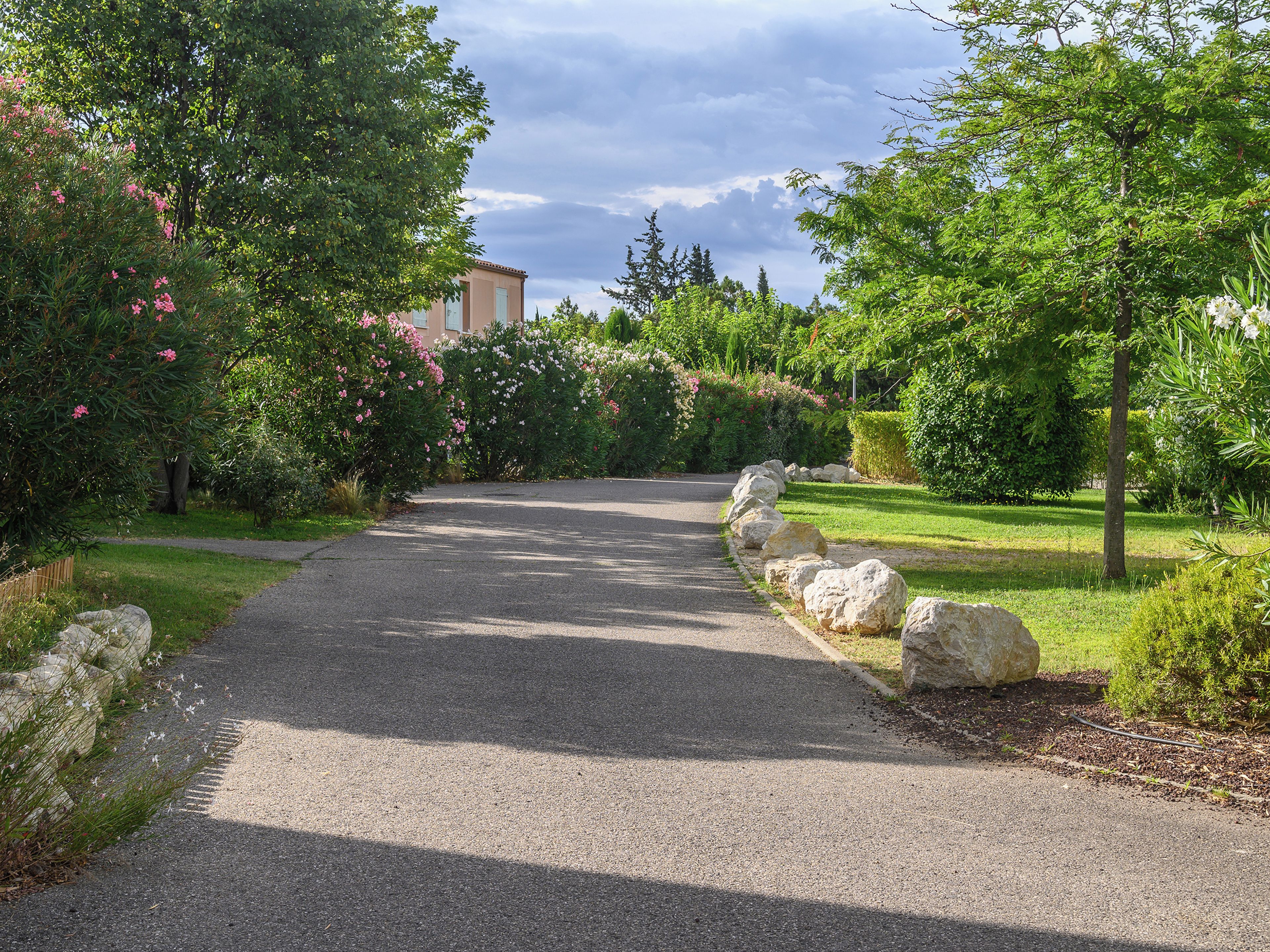 A gravel pathway flanked by lush greenery and large rocks, leading to a building with a light-colored facade.