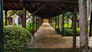 A covered walkway with a tiled floor, flanked by greenery and palm trees, leading to a building with large windows.