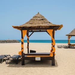 Trên bãi biển, ghế dài tắm nắng, dù trên bãi biển, khăn tắm biển