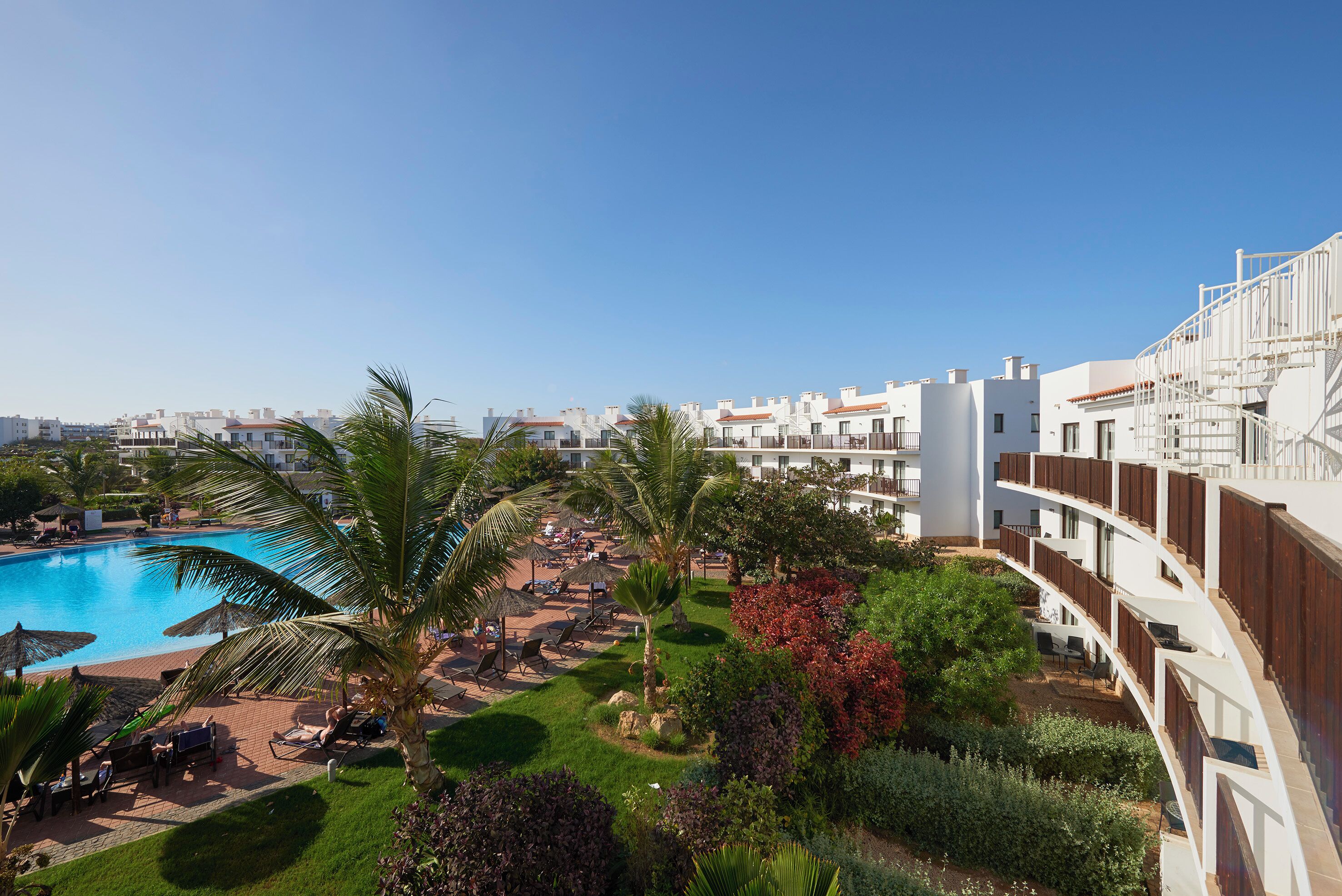 A hotel with a swimming pool, palm trees, and a view of the city.