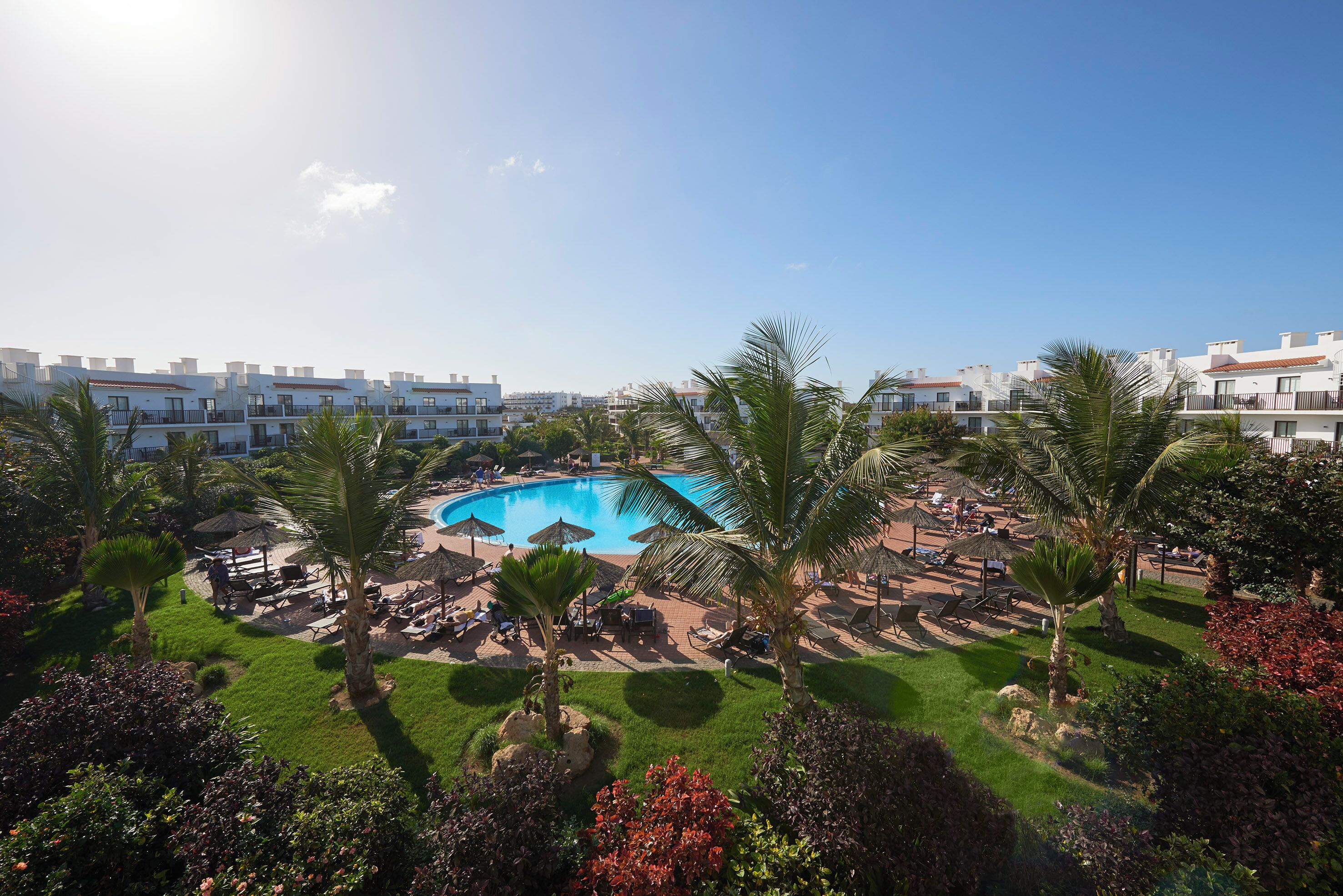 A resort with a swimming pool, palm trees, and a view of the surrounding buildings.