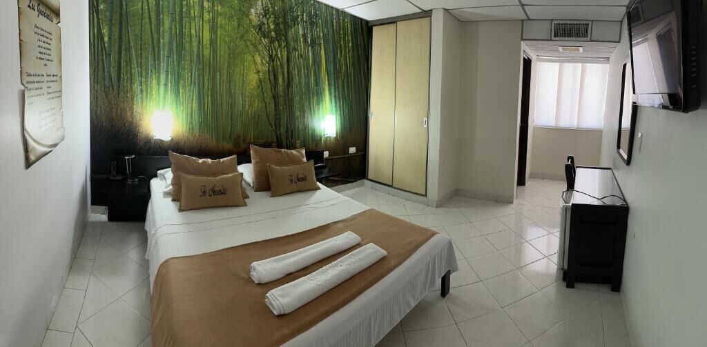Una habitación de hotel con cama, armario, escritorio y televisor.