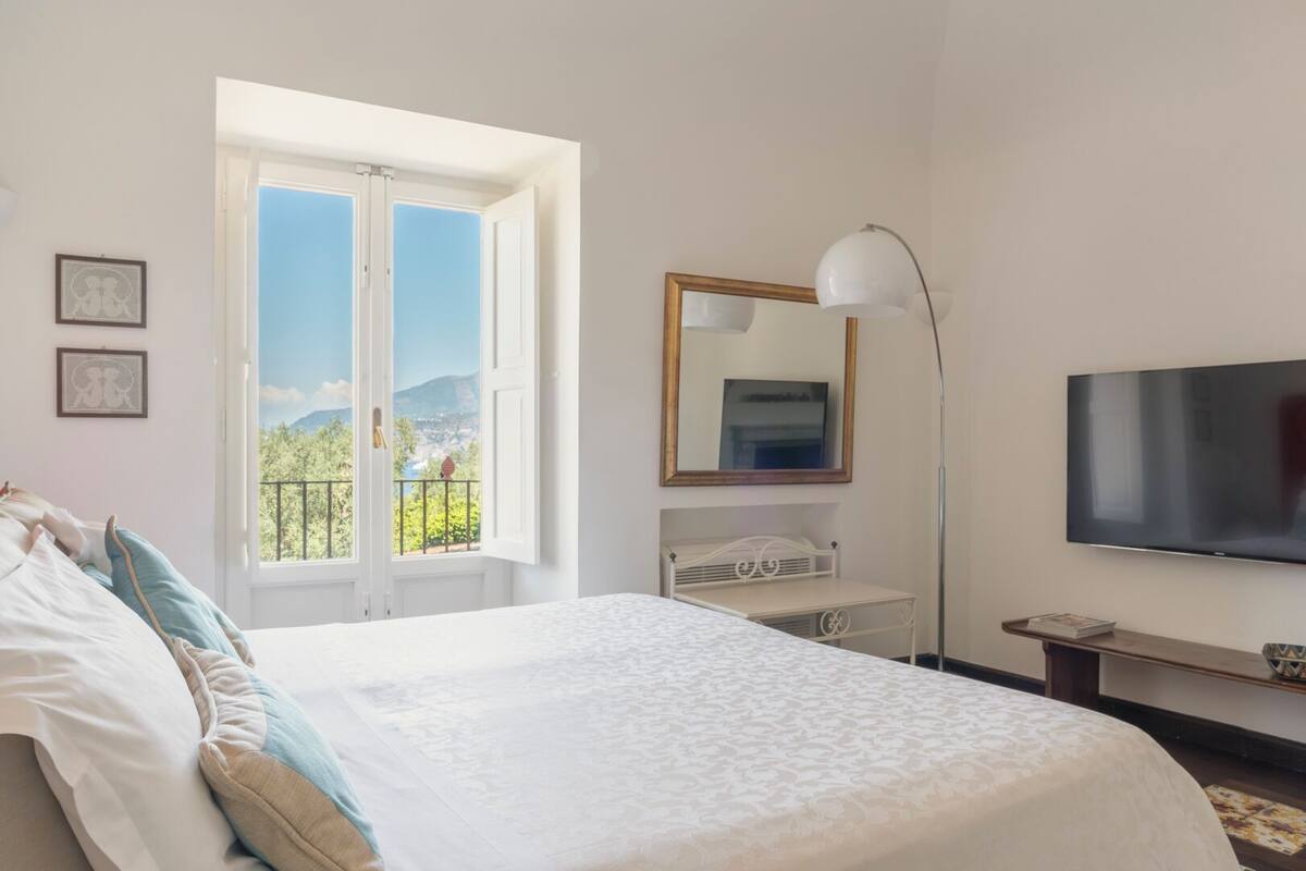 A bedroom with a bed, a TV, a desk, a chair, a window with a view, and a mirror.