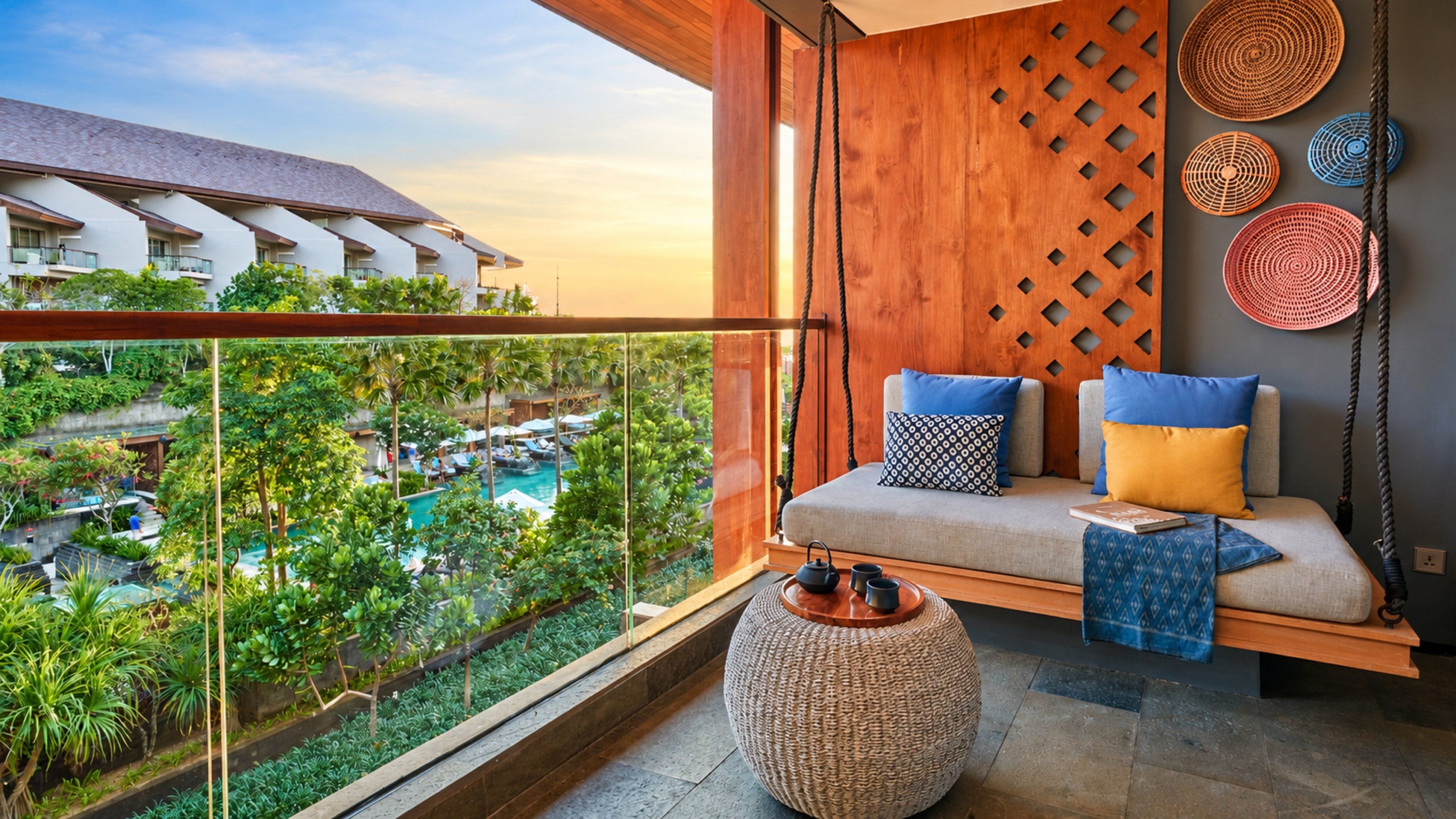 Un balcón con vistas a una piscina y exuberante vegetación, un sofá con cojines, un taburete tejido y un panel decorativo en la pared.