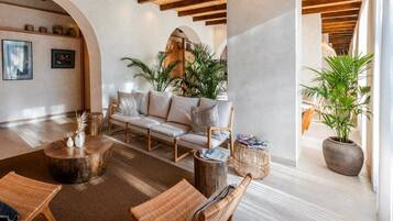 A spacious living area with a sofa, chairs, a coffee table, and potted plants.