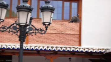 A bird perched on a lamp post in front of a building with a tiled roof and brick walls.