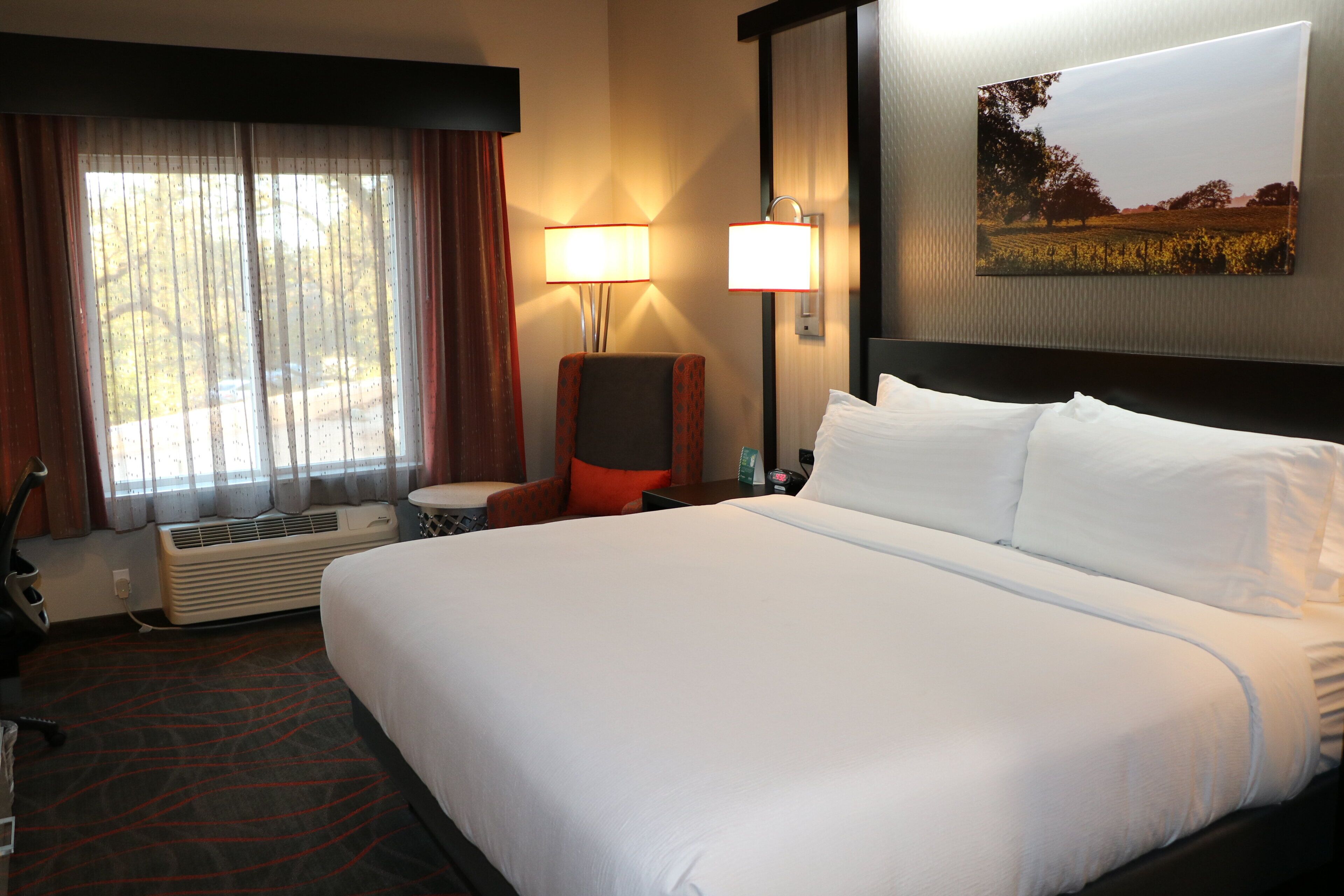 Een hotelkamer met een groot bed, een stoel, een bureau, een lamp en een schilderij aan de muur.