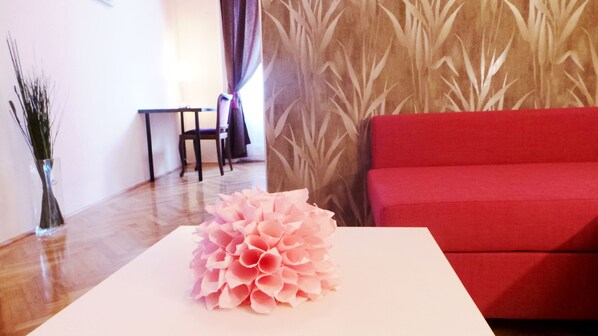 Two Bedroom Apartment with Kitchen, City View | Living area | Flat-screen TV