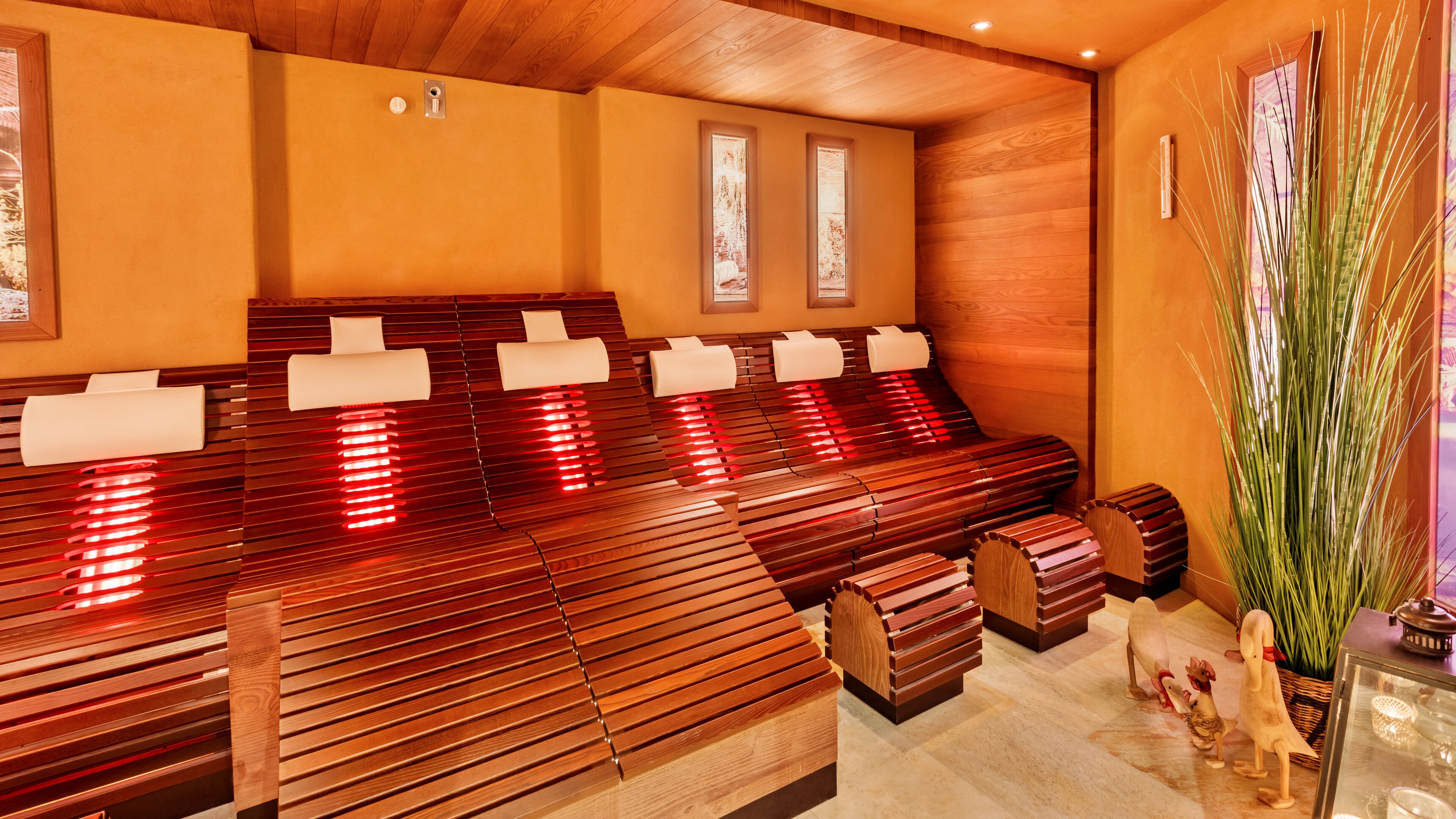 Eine Sauna mit Holzbänken und einer Glaswand.