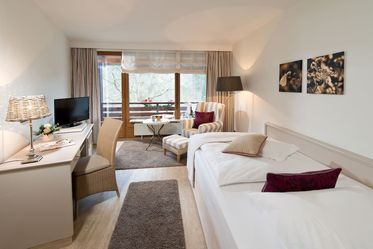A hotel room with a bed, a desk, a chair, a television, and a balcony with a view of trees.