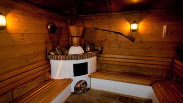 A sauna with wooden benches, a central heating unit, and wall-mounted lights.