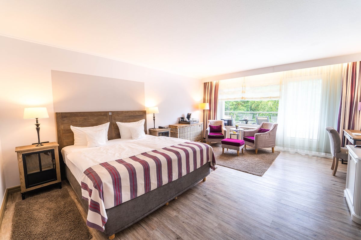 A hotel room with a large bed, a desk, a chair, and a view of greenery outside.
