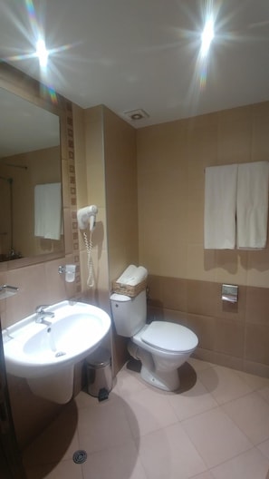 A bathroom with a sink, toilet, and hairdryer. - Muses (Sozopol)