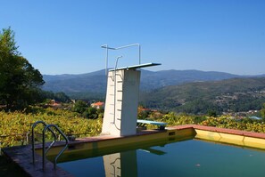 A diving platform with a clear view of the surrounding landscape, including hills and vineyards.