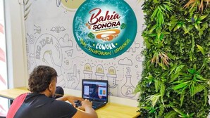 Une personne travaille à un bureau, devant un ordinateur portable, avec une fresque murale et un jardin vertical en arrière-plan.