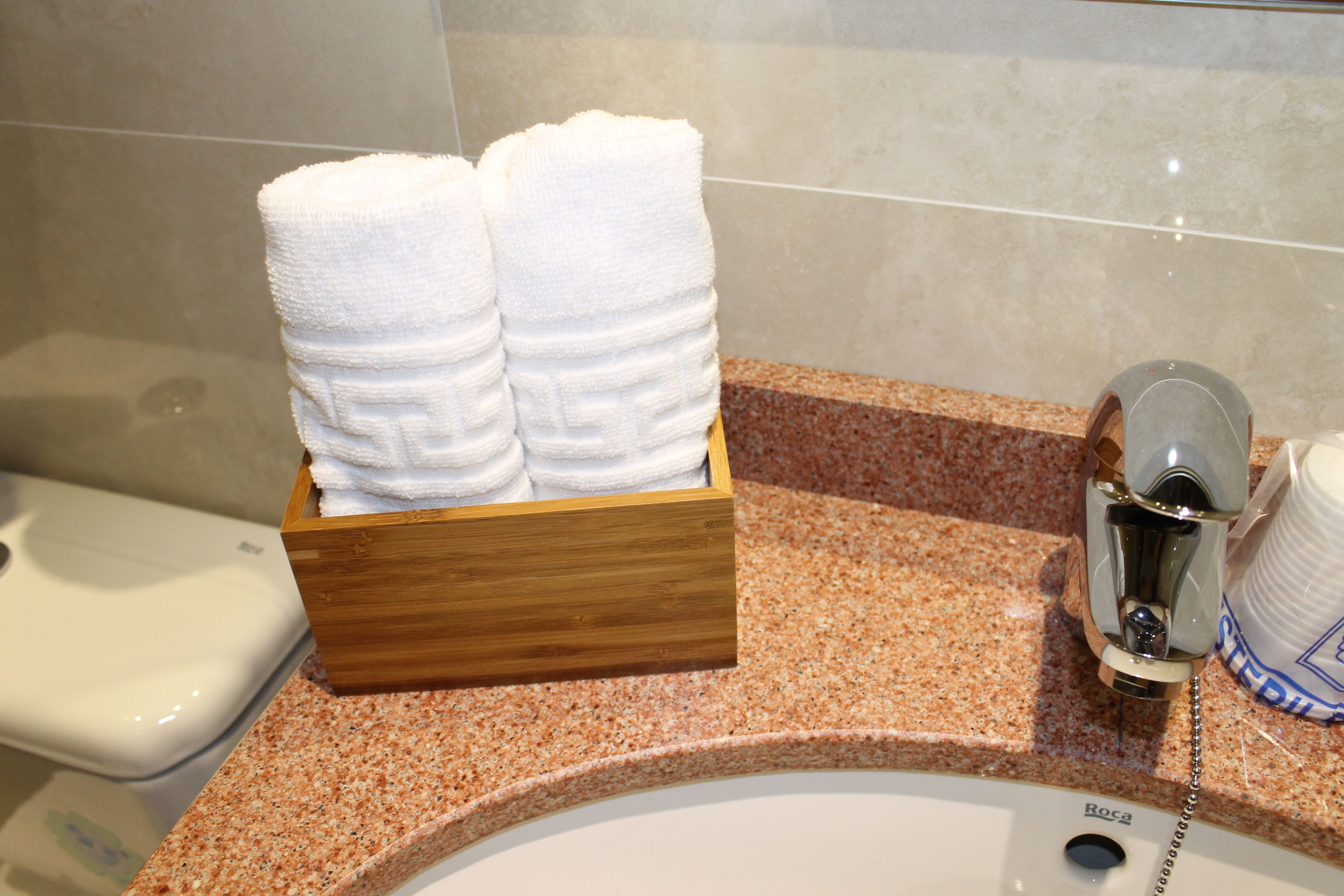 Un baño con un perchero de madera con dos toallas blancas, un lavabo con grifo y un inodoro al fondo.