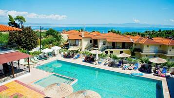 Seasonal outdoor pool, pool umbrellas, sun loungers