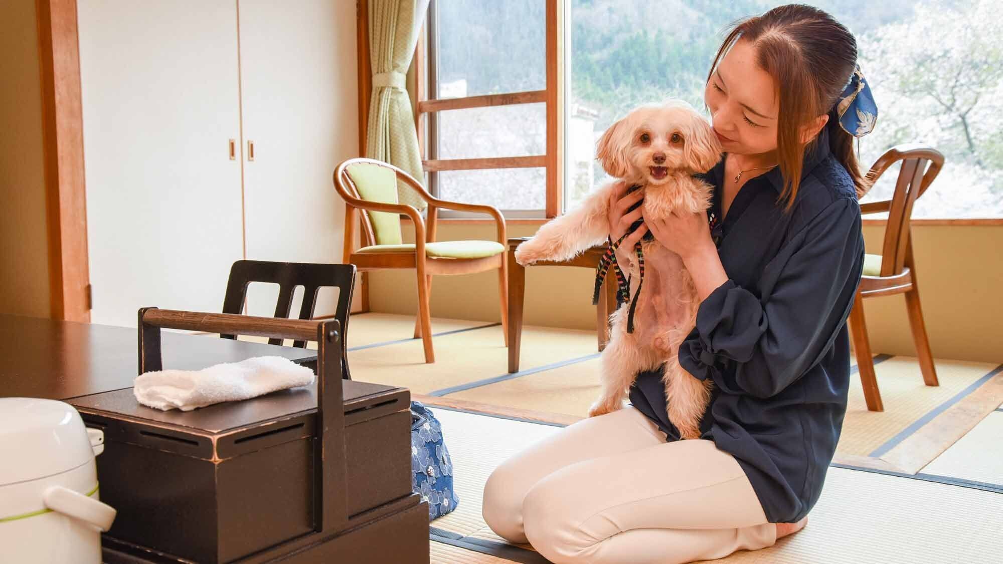 A room with tatami mats, a low table, chairs, and a window with a view.