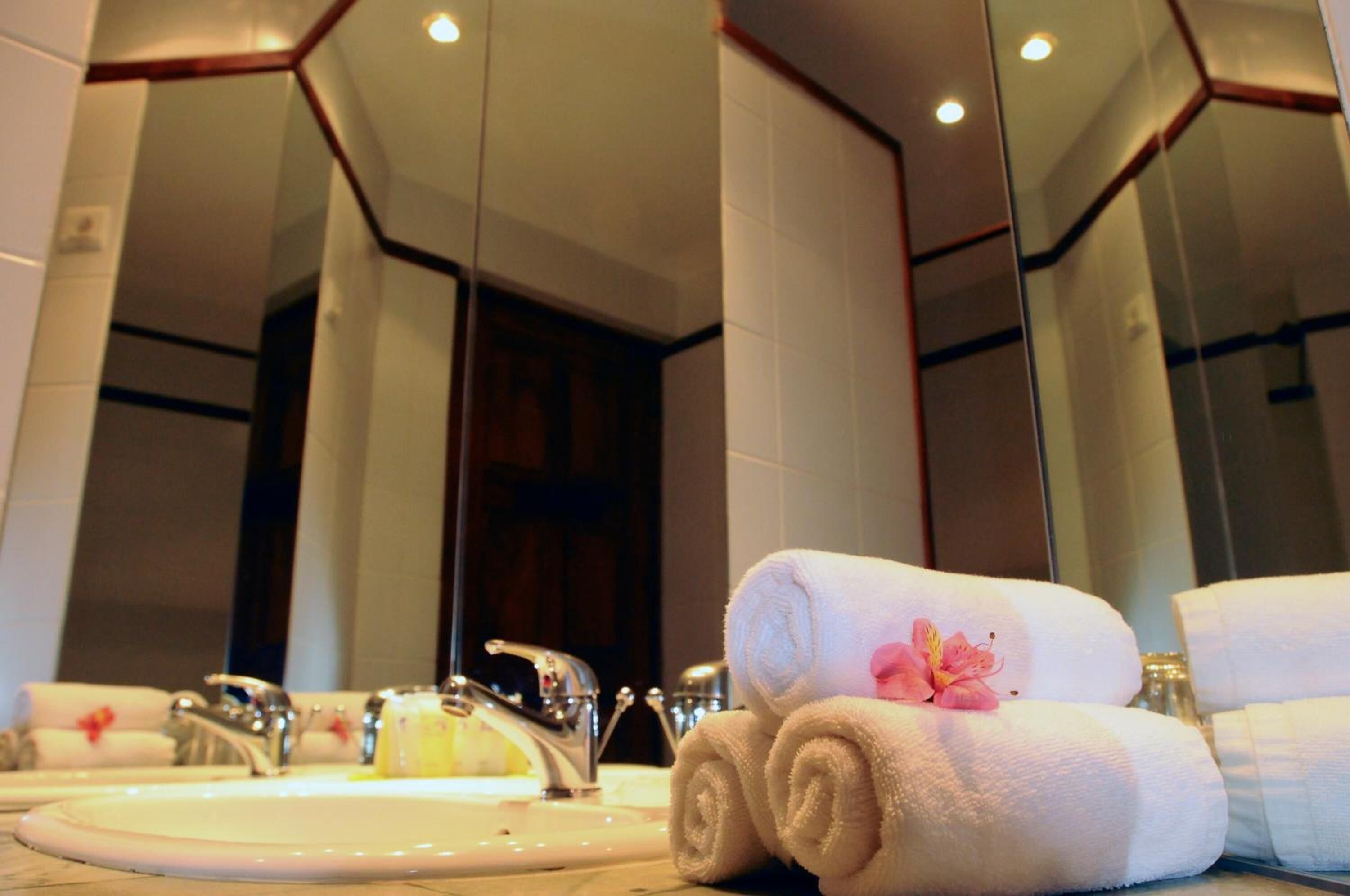 combined shower/bathtub, free toiletries, hair dryer, bathrobes