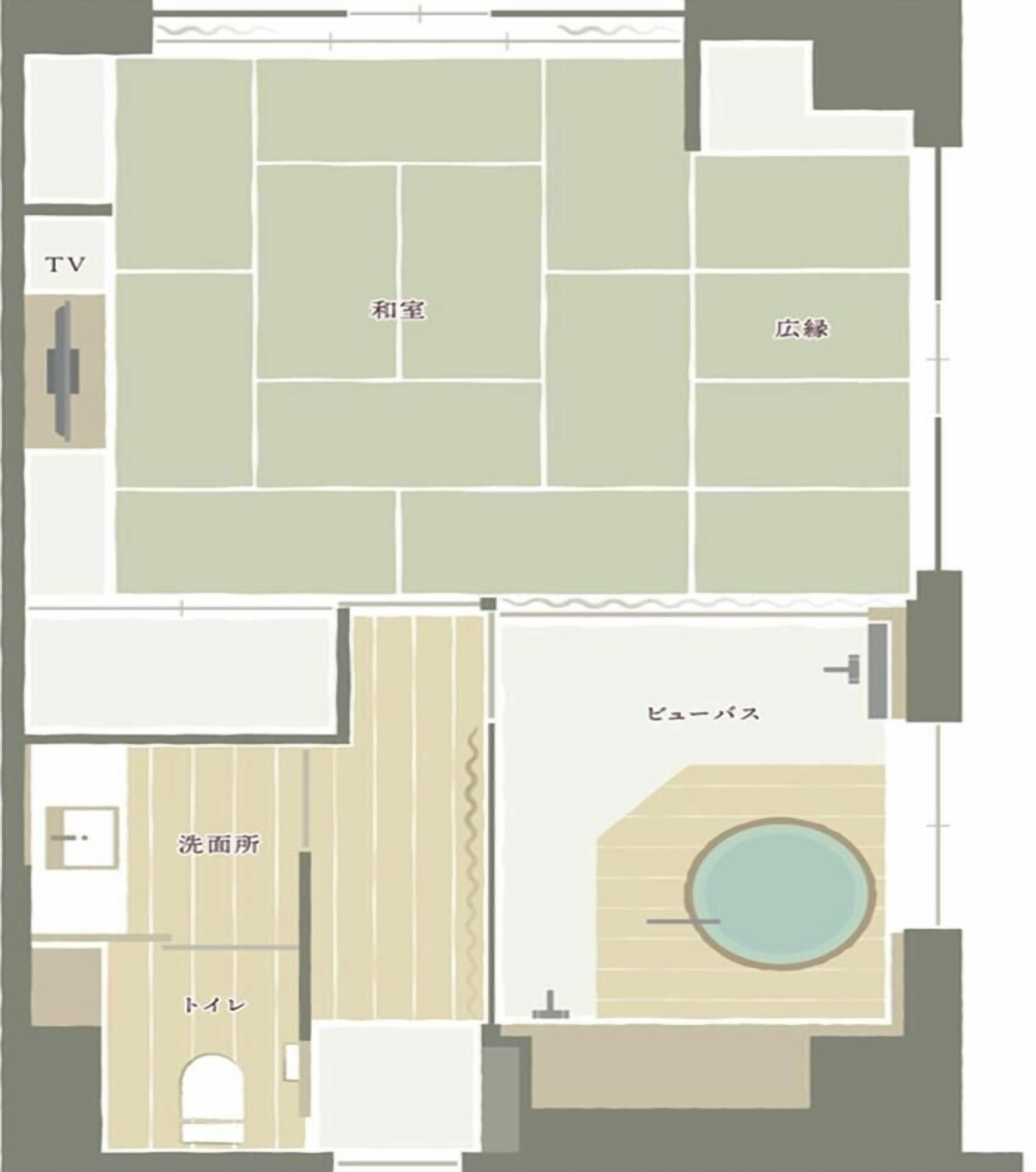 A hotel layout with a TV, washroom, toilet, and a pool area.