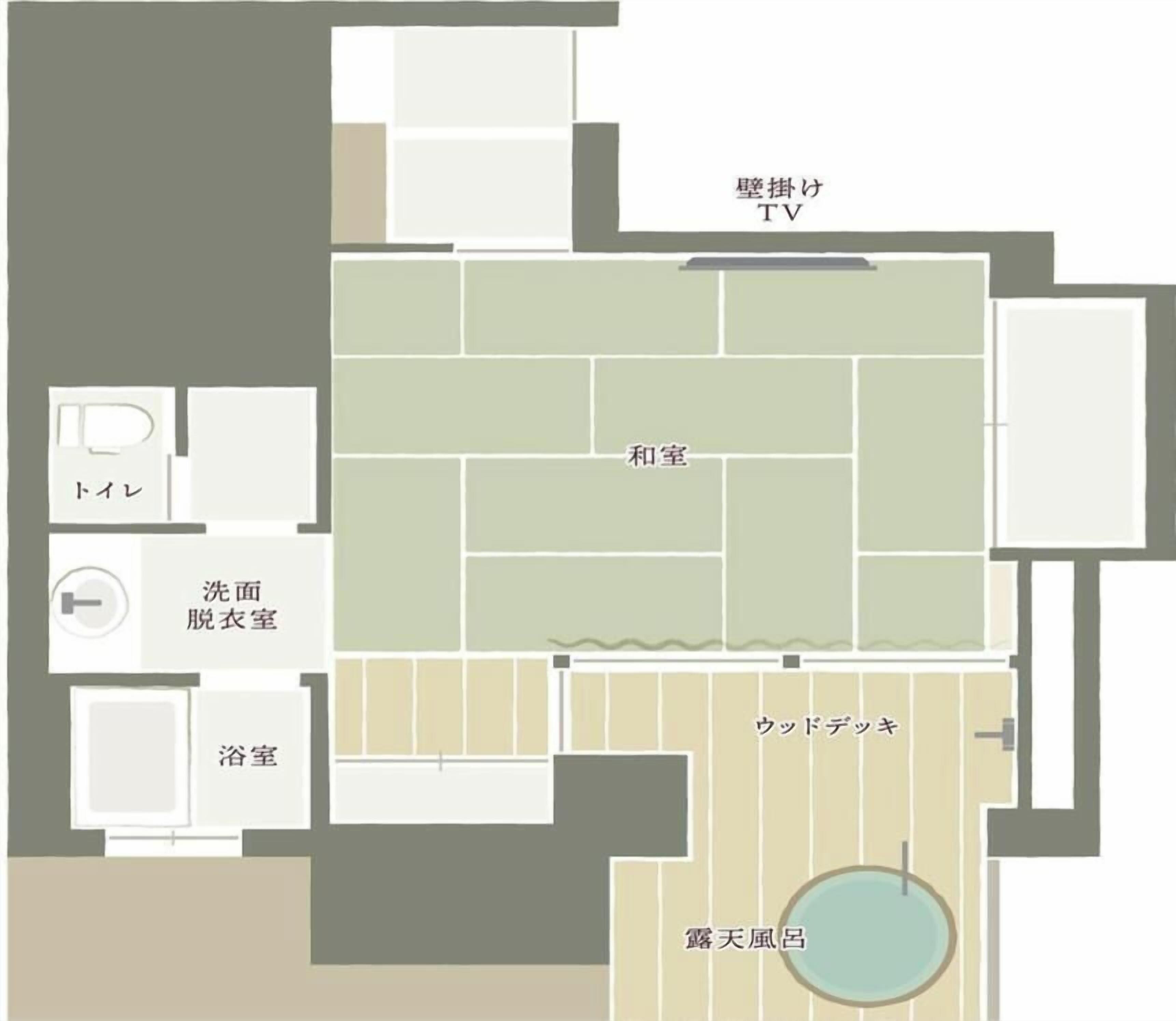A hotel layout with a TV room, bathroom, and a pool area.