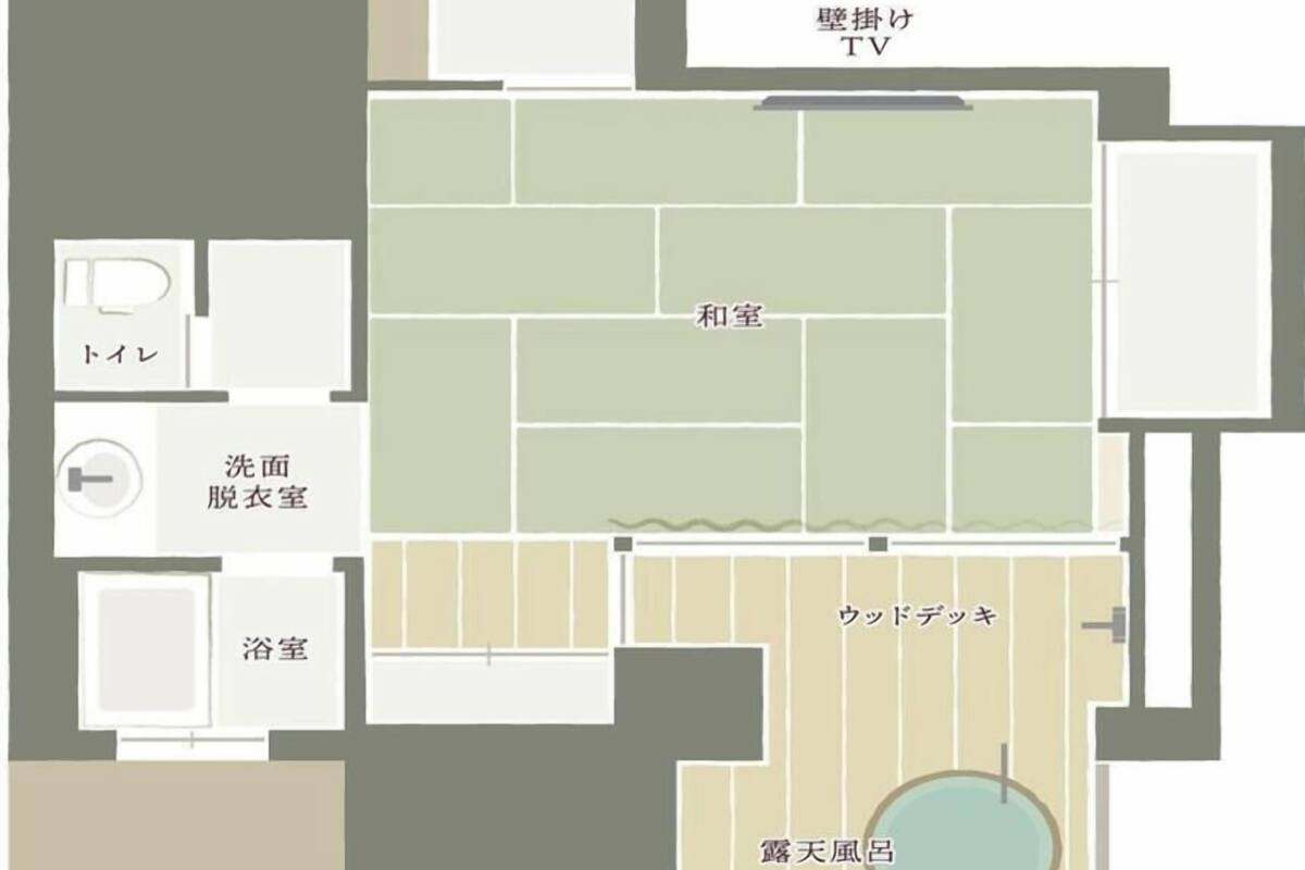 A hotel layout with a TV room, bathroom, and a pool area.