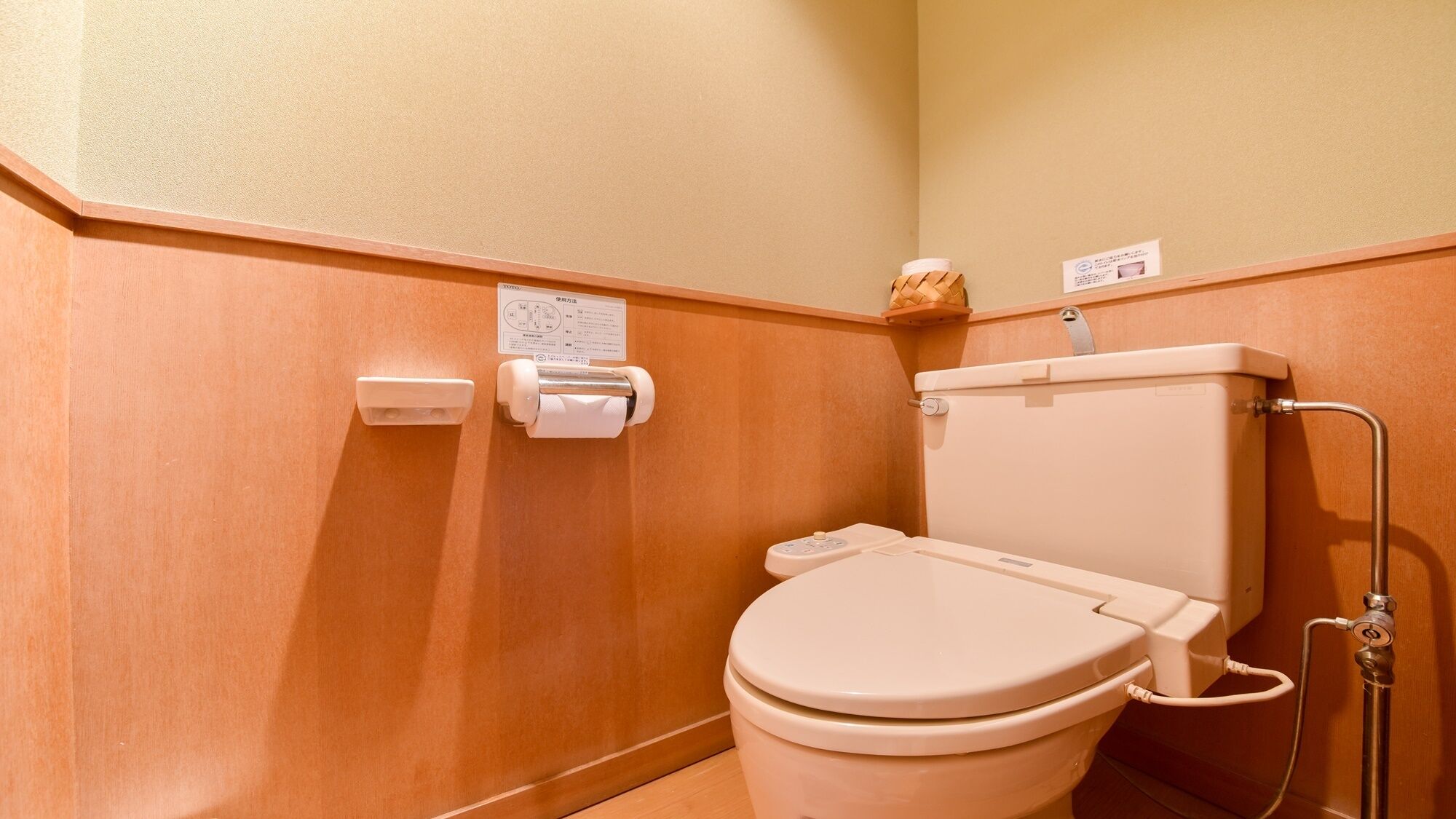 A standard toilet with a foot pedal, a toilet paper holder, and a paper dispenser on the wall.