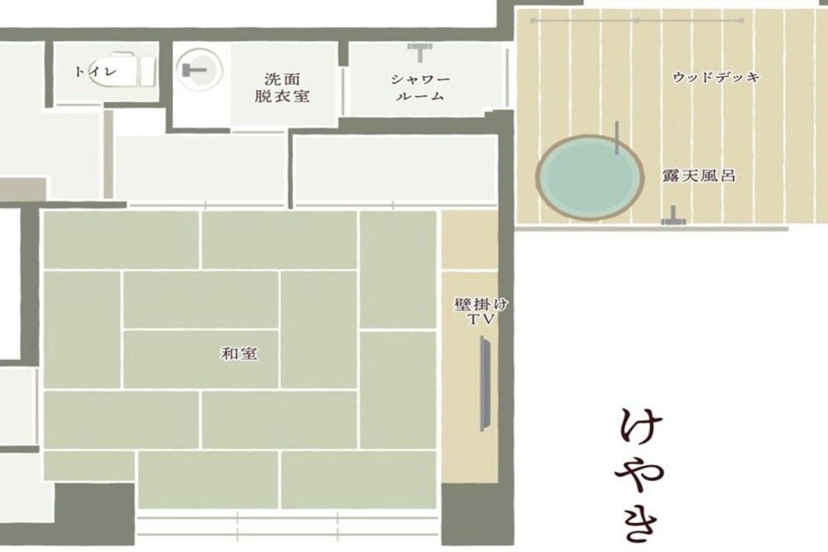 Un plan d’étage d’hôtel comprenant une télévision, une salle de télévision, un lavabo, une salle de douche, une armoire et des toilettes.