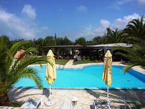 Una piscina amb gandules i ombrel·les, envoltada de palmeres i una zona coberta.