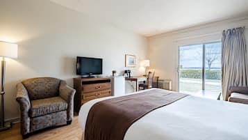 A hotel room with a large bed, a desk, a chair, a television, and a view of the outdoors.