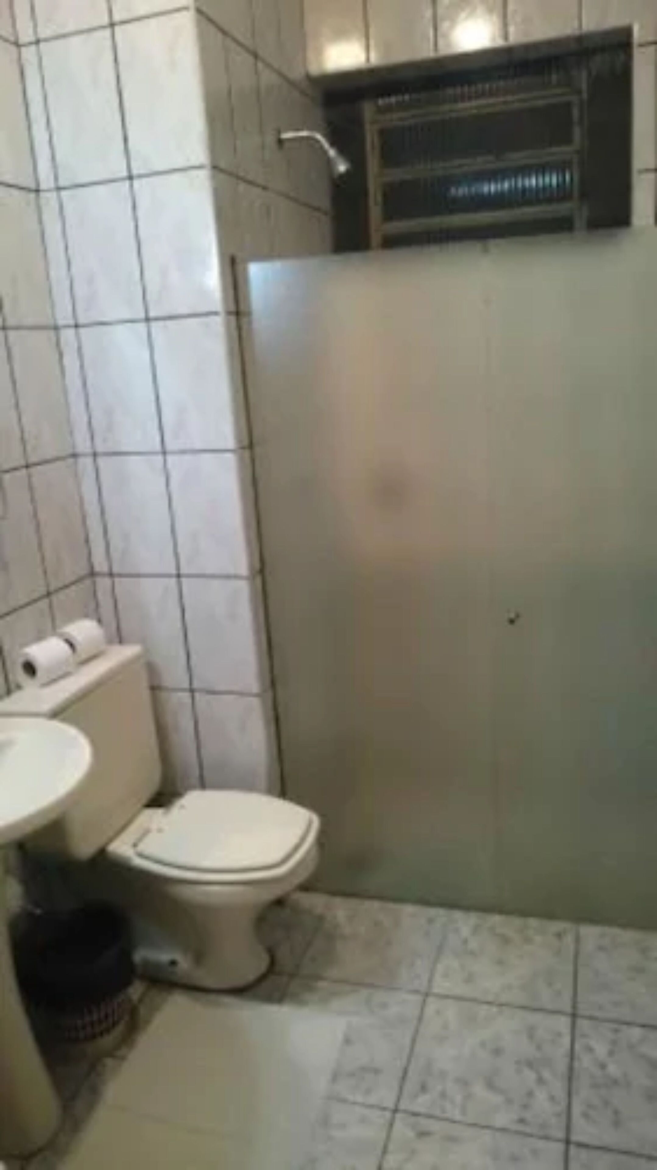 A small bathroom with a toilet, sink, and shower.