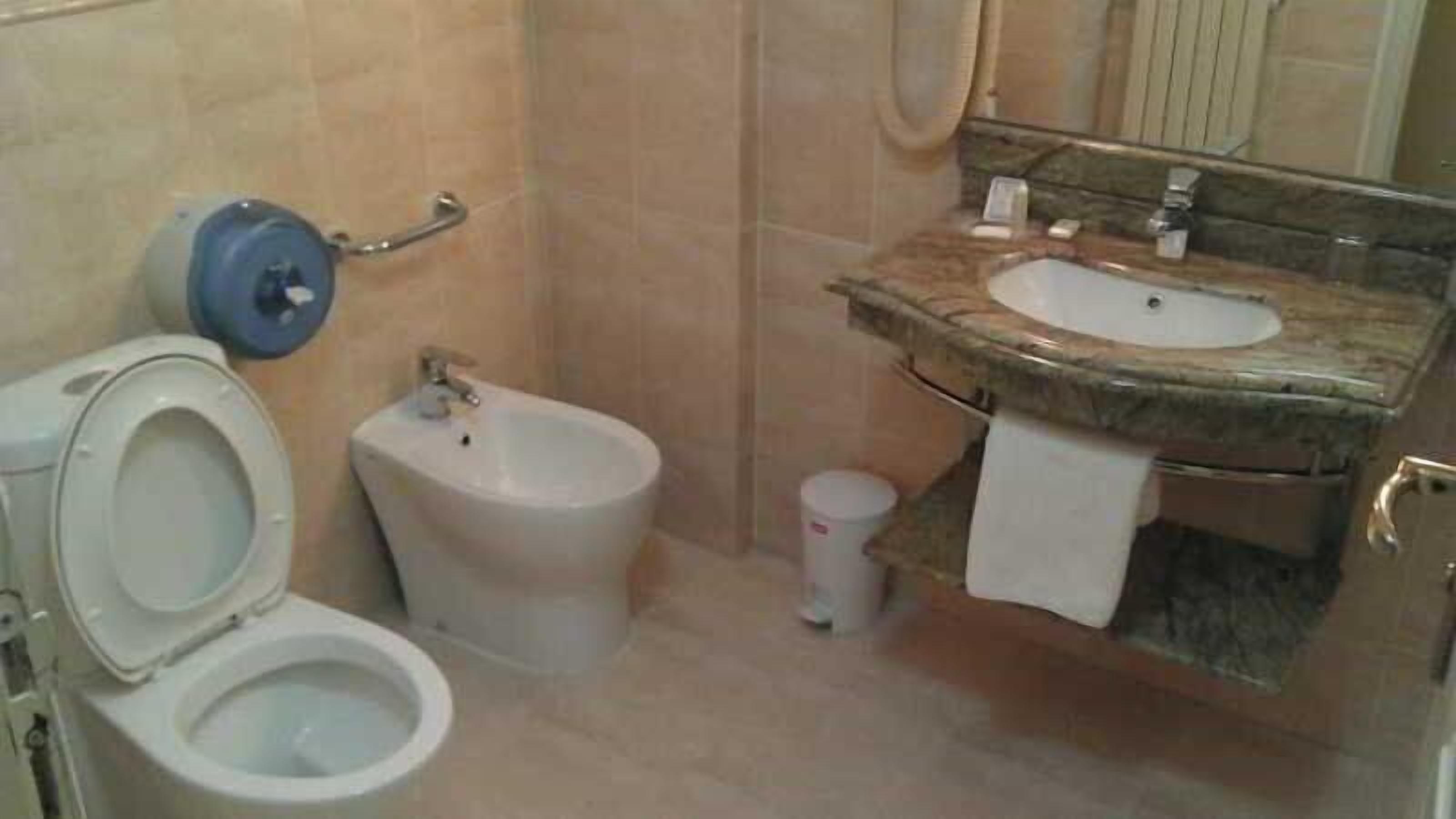 Une salle de bain équipée de toilettes, d’un bidet, d’un lavabo et d’un miroir.