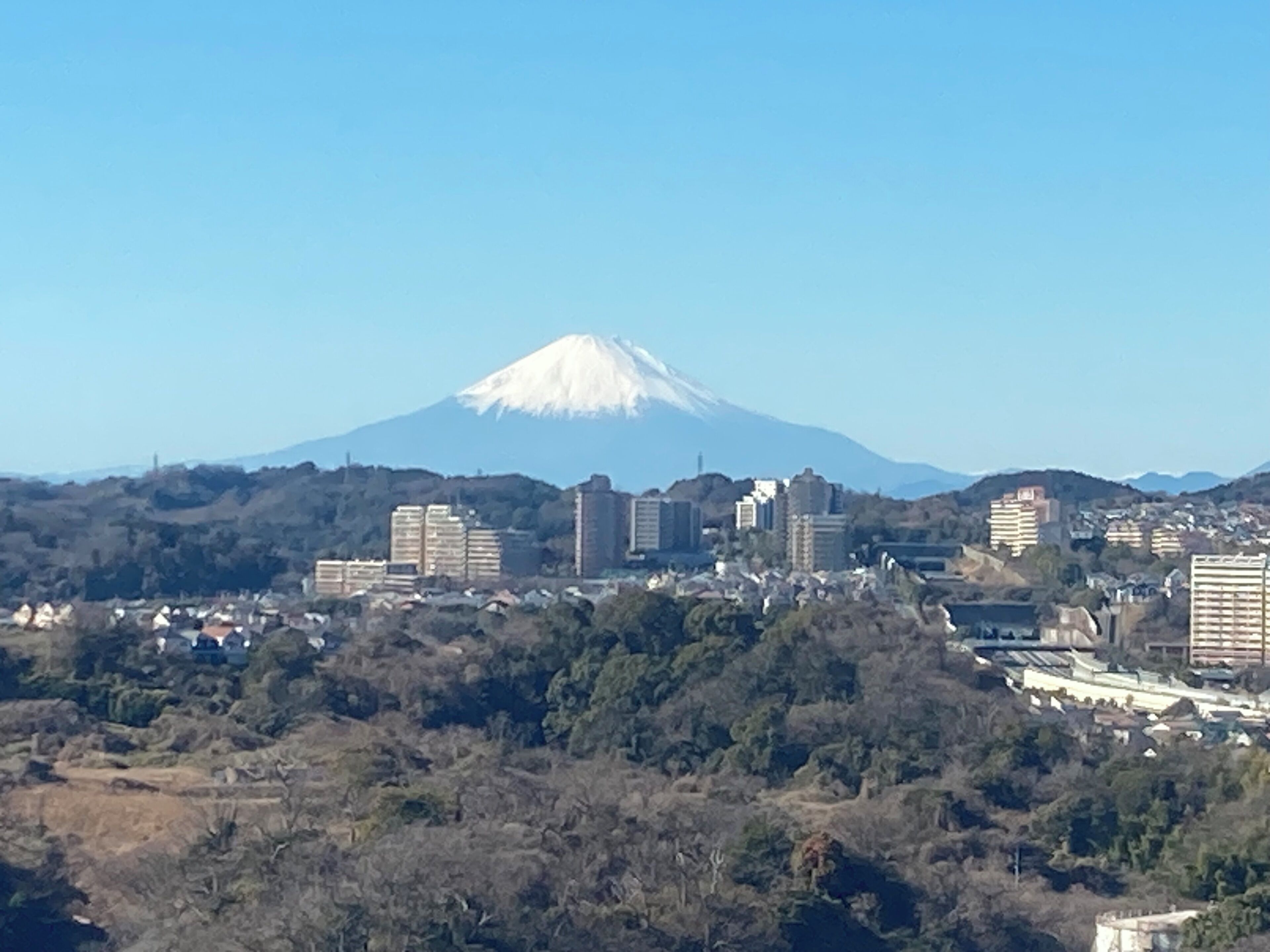 Un paisaje urbano con una montaña destacada al fondo.