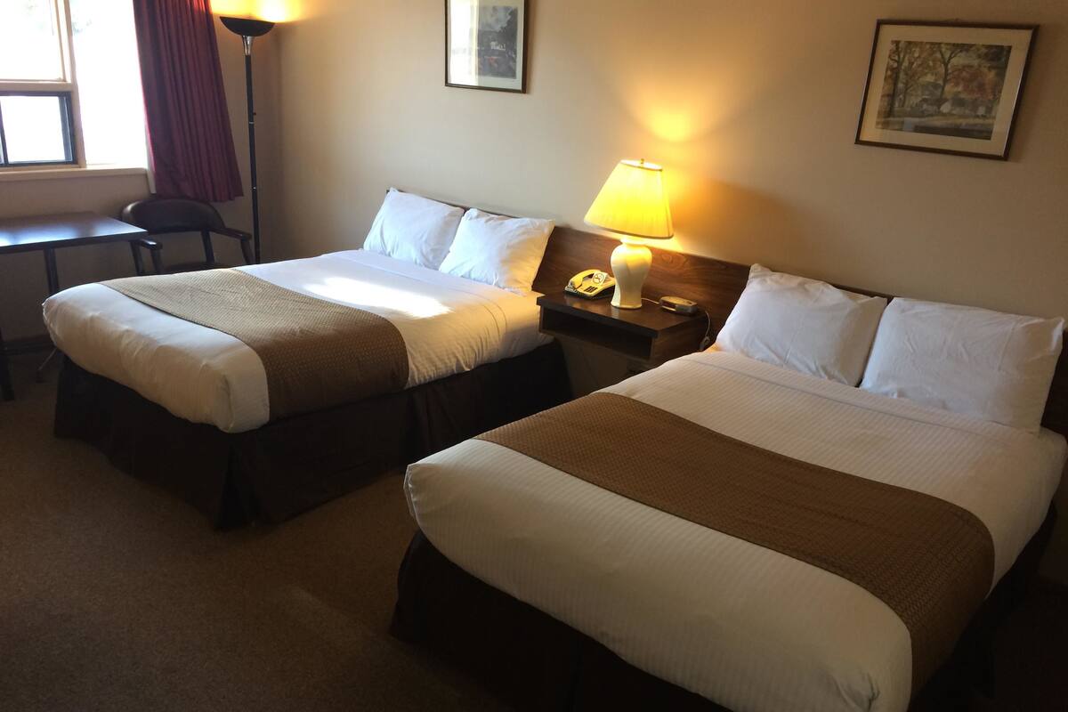 Two single beds with headboards, a bedside table with a lamp, a telephone, and a framed picture on the wall.