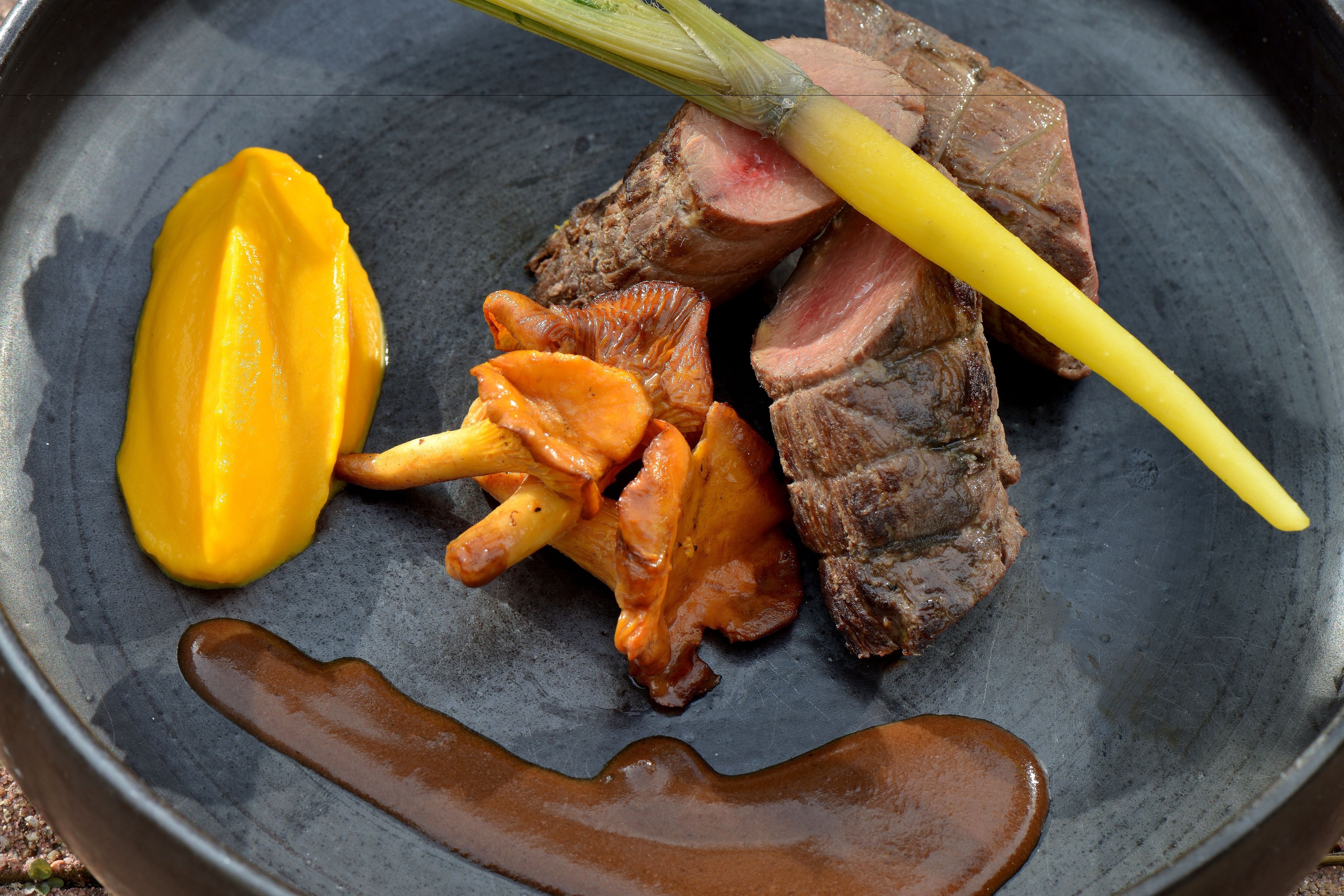 A plate with sliced meat, a yellow vegetable, and a brown sauce.