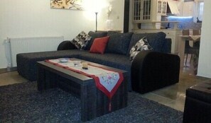 Deluxe Apartment, 3 Bedrooms | Living area | TV, fireplace - Lefkada Center Apartments (Lefkada)