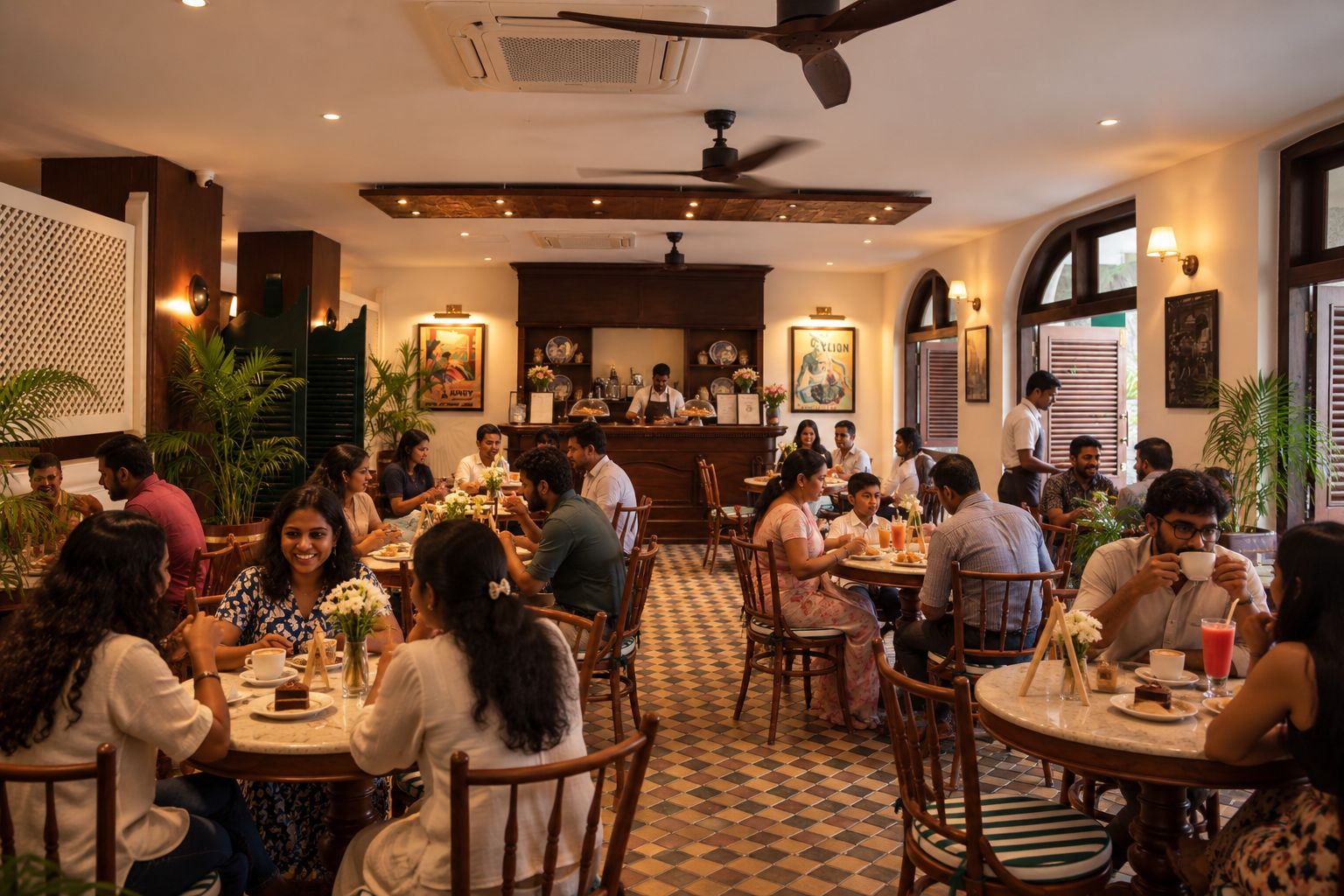 A restaurant with multiple dining tables and chairs, a bar area, and decorative plants.