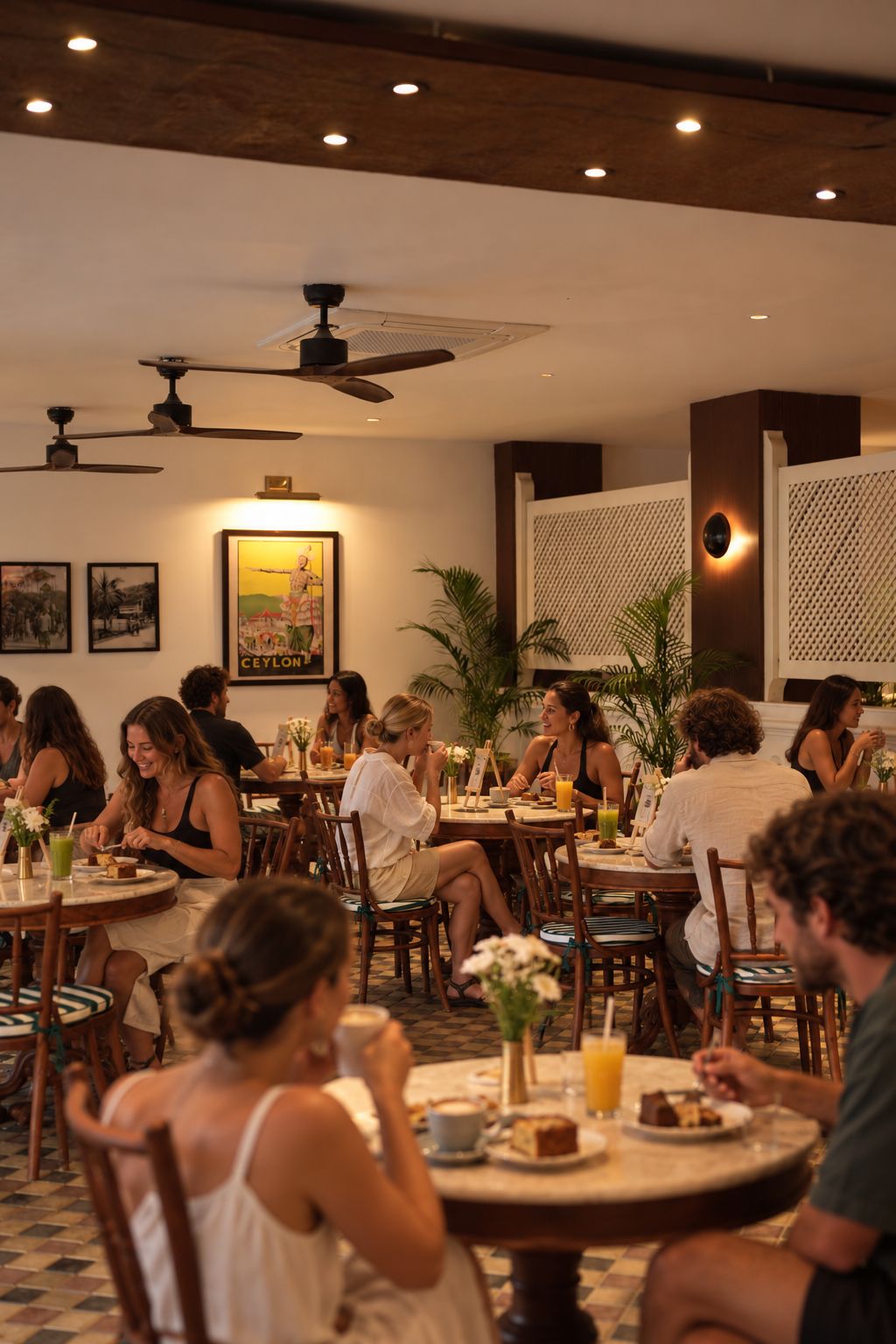 A restaurant with round tables, ceiling fans, and wall-mounted artwork.