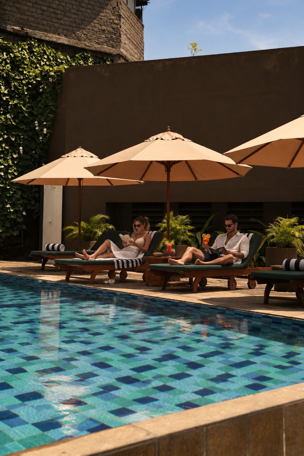 Una zona junto a la piscina con sillones de relax y sombrillas, una piscina con baldosas y un edificio de fachada de ladrillo.