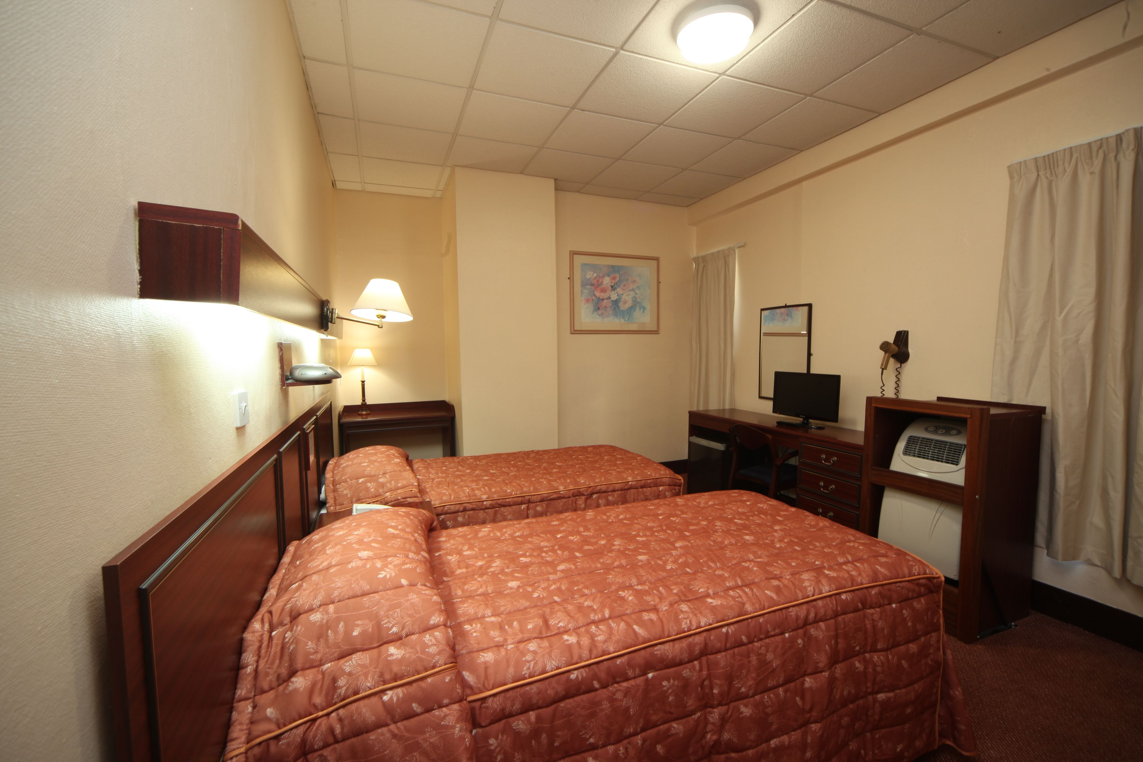 Habitación de hotel con dos camas, un escritorio, una silla, un televisor, un secador de pelo y un cuadro en la pared.