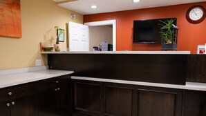 A kitchen with dark wooden cabinets, a white countertop, a clock on the wall, and a potted plant.