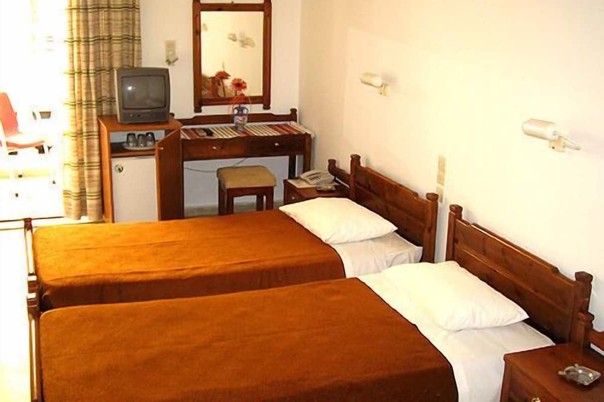 A bedroom with two beds, a desk with a computer, a mirror, and a television.