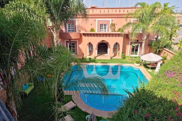Outdoor pool, pool umbrellas, pool loungers
