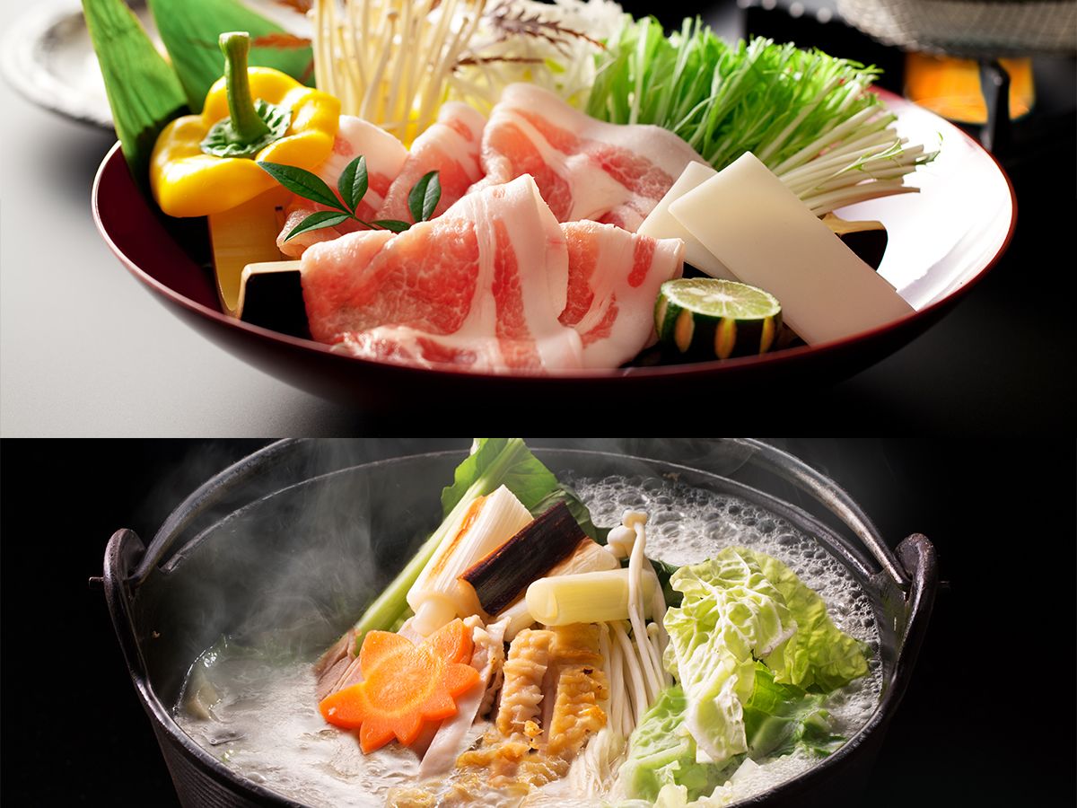 A hot pot with various vegetables and meat.